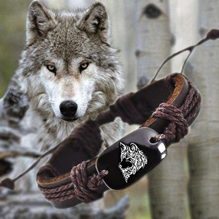 Bracelet cuir tête de loup gravée - Loups-Anges